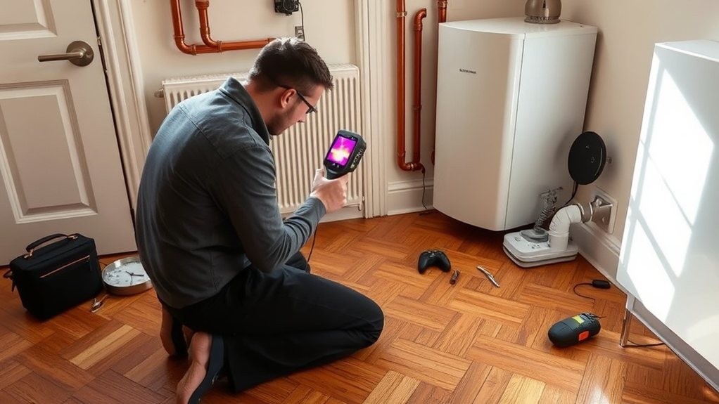 Engineer locating central heating leak using thermal imaging in Sutton